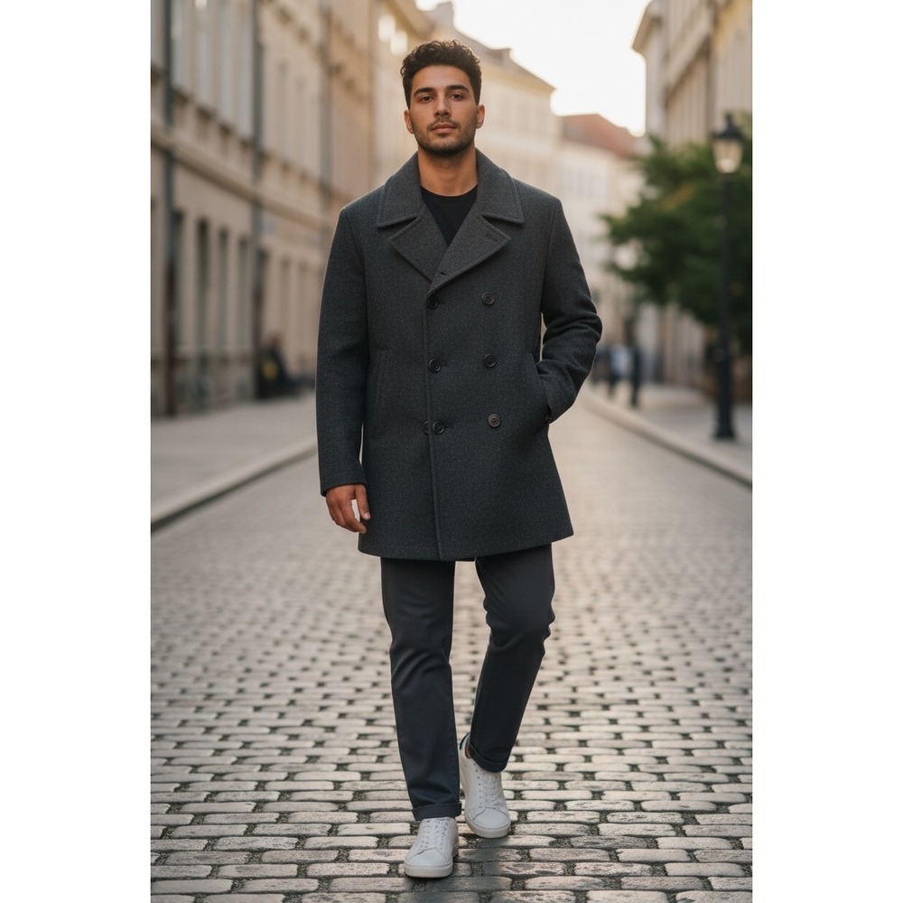 Nautica Mens Charcoal Grey Wool Blend Double‎ Breasted Pea Coat 2X Preppy